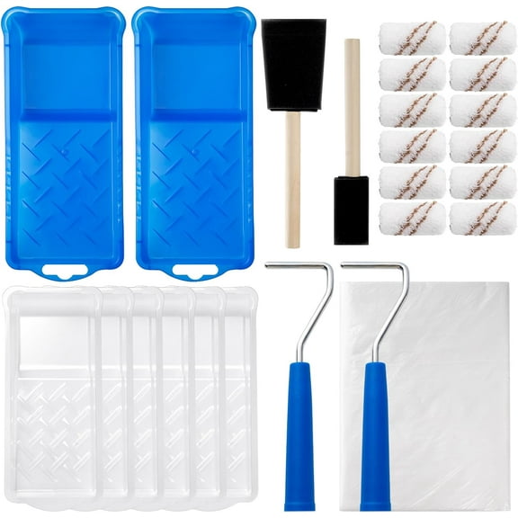 Paint Roller Kit 25 Pack, 2 inch Microfiber Mini Rollers 10mm Nap with Tray Liners Sponge Brush, Small Painting Tools Set
