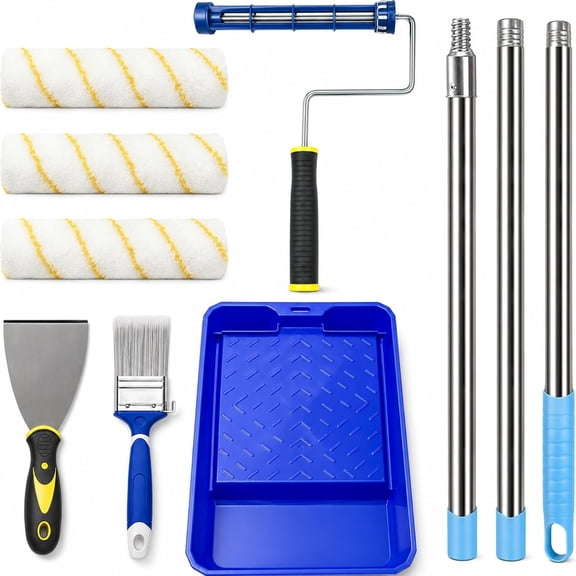 Paint Roller Kit with 4 ft Extension Pole, 8-Piece DIY Painting Tool Set with 9" Smooth Rolling Frame, 3 Low-Lint Microfiber Covers, 11" Tray, Brush & Putty Knife for Walls, Ceilings & Trim