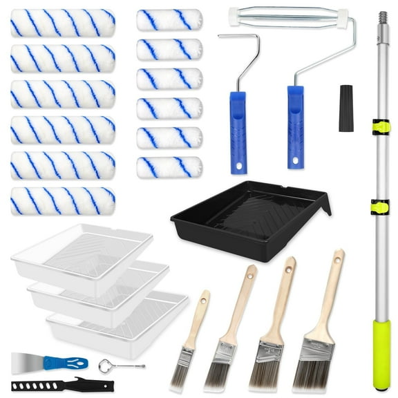 Paint Roller Kit with Extension Pole, 27 Piece Set, 2 to 4 Ft Pole, 4"9" Paint Rollers, Paint Brushes Set for Professional Painting,House Paint Roller for All Latex and Oil Paints & Stains
