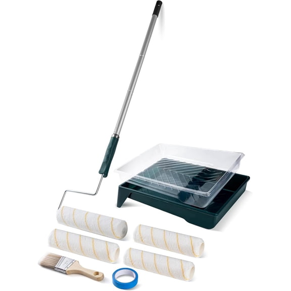 Paint Roller Kit with Extension Pole, 9 Inch Paint Roller, Paint Tray with Liner, Paint Brush & Tape, Professional Microfiber Painting Supplies for Painting Walls, Ceilings and Home (3 FT)