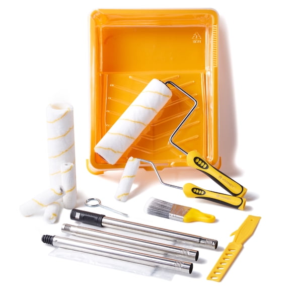 Paint Roller Kit with Extension Pole - 9 Inch Paint Roller with Tray, Mini Paint Roller 4 inch, Small Paint Brush, 16 Piece Complete Painting Tool Set Suitable for House & Wall Painting