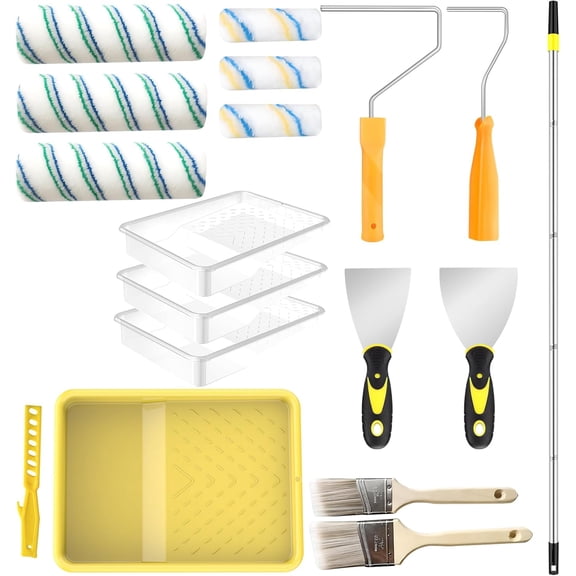 Paint Roller Kit with Extension Pole, Paint Brushes Set for Walls, Painting Supplies for Home Interior with Paint Brush, Paint Rollers, Paint Tray, Paint Tray Liner, Scraper etc.