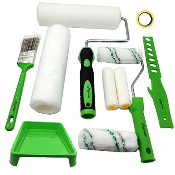 Paint Roller Kit with Tray Large Paint Roller Small Stain Roller and Brush Assorted for Painting Walls Decks Houses, Roller Handle Threaded Extendable Rollers Set 9 Inch -12PK$$Tools & Hardware Other