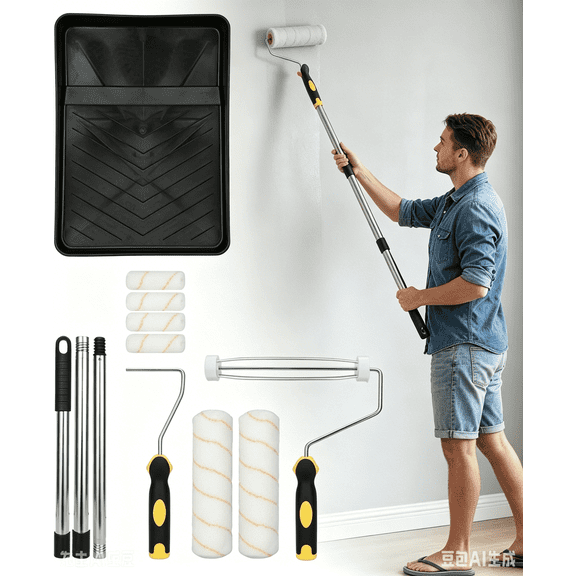 DEDRFUC Paint Roller Kit with Extension Pole, 10 Pack, 9" and 4" Roller Frames, Plastic Paint Tray, 6X Roller Covers, 3 FT Stainless Steel Extension Pole