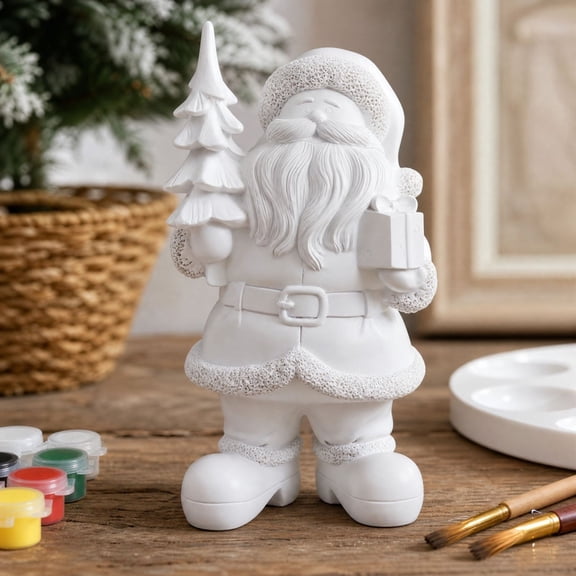 Paint Your Own Santa Claus Figurine, DIY Christmas Craft Statue, Holding Tree and Gift, Unpainted Resin Tabletop Decor for Mantel Shelf and Holiday Display
