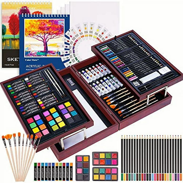 Art Supplies, Deluxe Art Set, Professional Art Kit in Portable Wooden Case,  3 Drawing Pads, Oil Pastels, Colored Pencils, Creative Gift for Teens