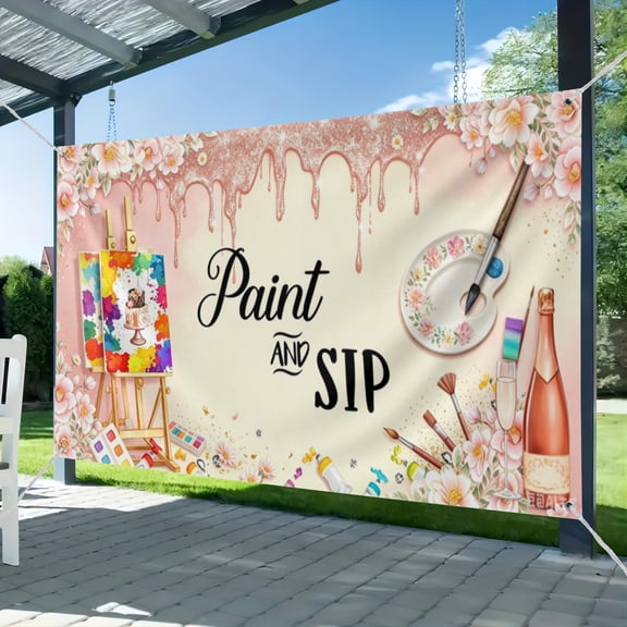 Paint and Sip Backdrop 7x5ft Rose Gold Painting Party Background Sip and Paint Photo Booth Decoration for Adult Birthday Girls Night Date Night Party 3.6*5.9FT