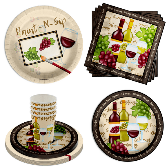 Paint and Sip Party Supplies - Tableware Set For Bridal Shower - Wine Party Supplies 64 Piece Tableware Set Includes Large 9" Paper Plates Dessert Plates, Cups and Napkins Kit for 16