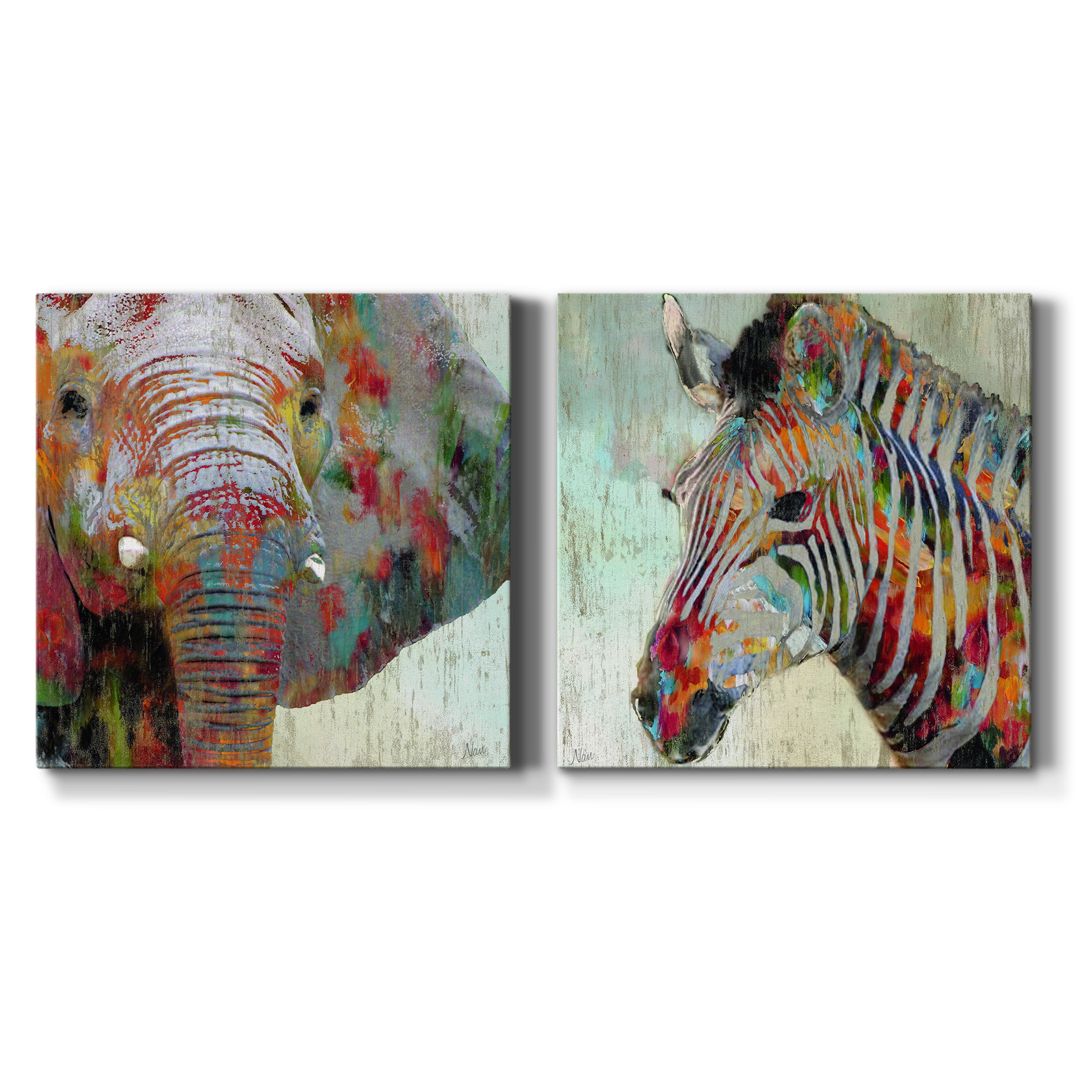 Paint Splash Elephant - Premium Gallery Wrapped Canvas - Ready to Hang Set of 2 - 10 x 10 Each