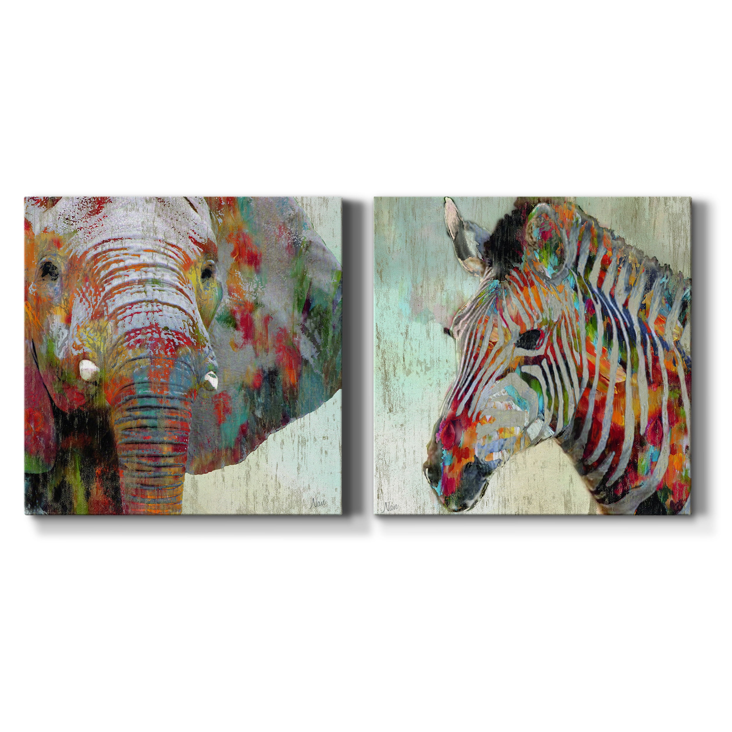 Paint Splash Elephant - Premium Gallery Wrapped Canvas - Ready to Hang Set of 2 - 16 x 16 Each