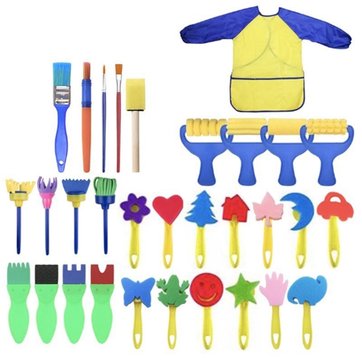 Paint Sponges for Kids,31 pcs of Fun Paint Brushes for Toddlers.Coming with Roller,Flower Pattern Brush, Brush Set, Long Sleeve Waterproof Apron with Roomy Pockets