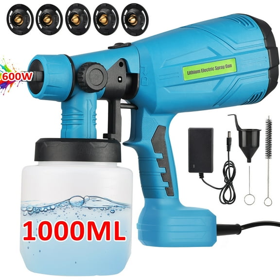 Paint Sprayer 1000ml, 600W HVLP Electric Spray Paint Gun with 5 Nozzles 3 Spray Patterns, Flow Control, Easy to Clean for Home Interior and Exterior Walls, Ceiling, Fence, Cabinet, Furniture, Blue