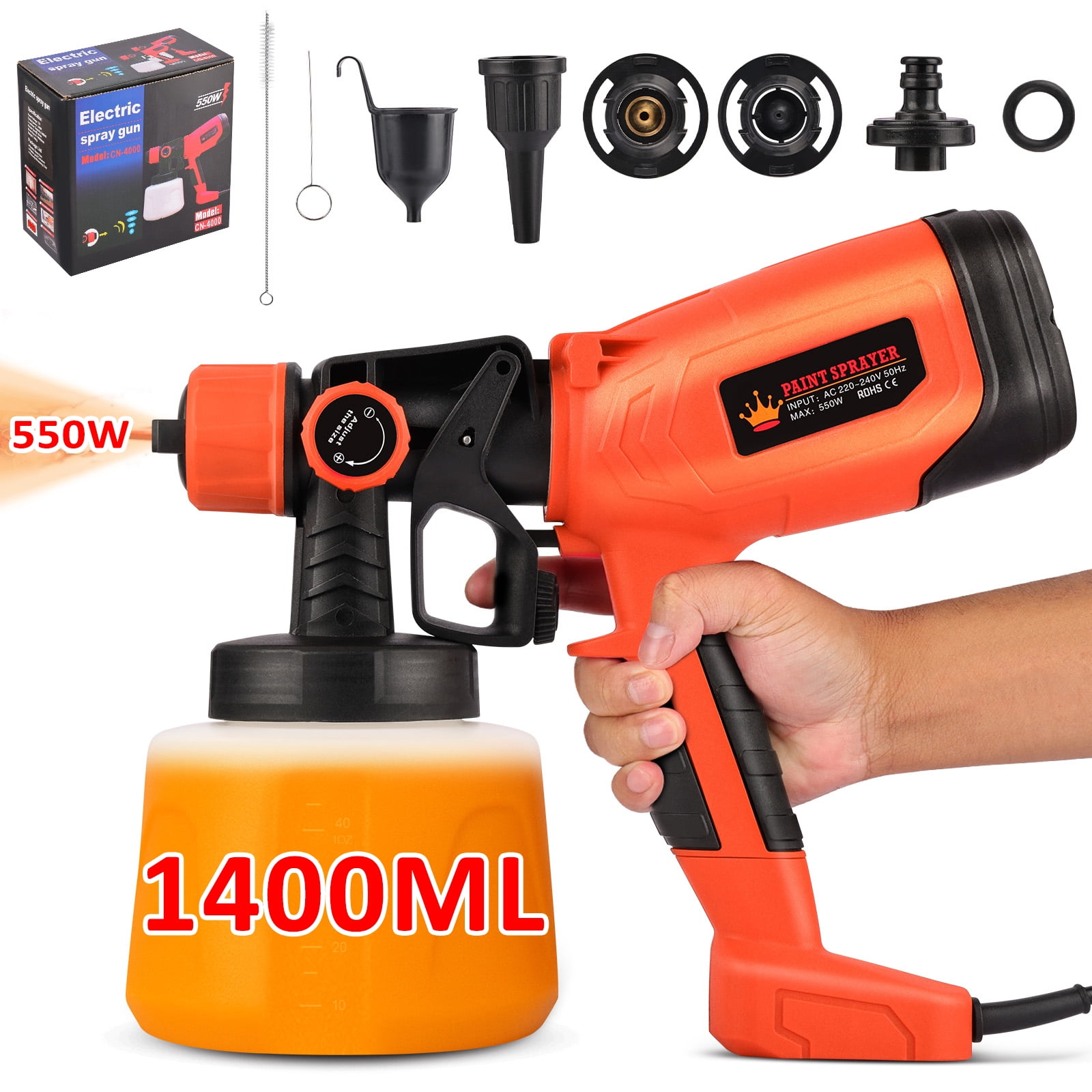 Paint Sprayer 1400ml, 550W HVLP Electric Spray Paint Gun with 4 Nozzles 3 Spray Patterns for House Painting, Home Interior and Exterior, Flow Control, Easy to Clean, Orange