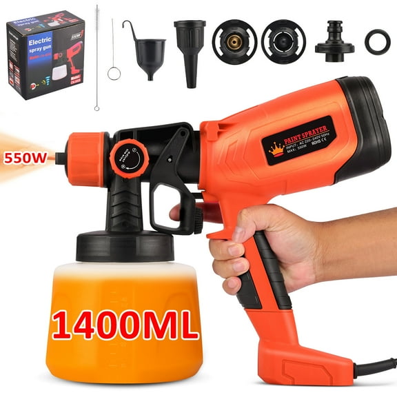 Paint Sprayer 1400ml, 550W HVLP Electric Spray Paint Gun with 4 Nozzles 3 Spray Patterns for House Painting, Home Interior and Exterior, Flow Control, Easy to Clean, Orange