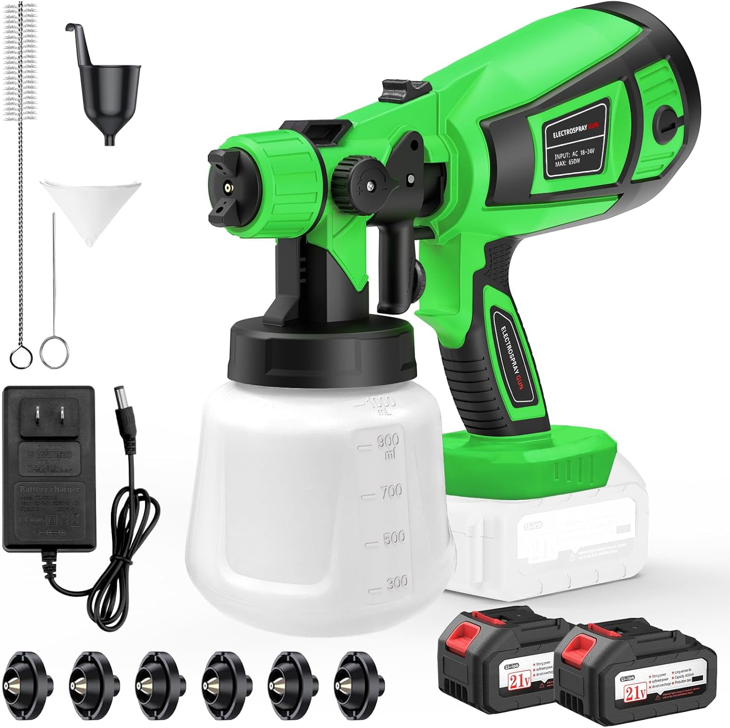 Paint Sprayer, 650W Cordless with 2 X 4.0mAh 21V Battery, 6 Nozzles & 3 Spray Modes, 1000ml Container, Copper Motor Paint Sprayer Gun for House Painting Fence Cabinets Wall