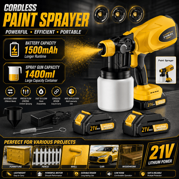 Paint Sprayer, 650W Cordless Paint Gun with 2 1500mAh Batteries & 1400ML Container, Easy to Clean & Operate, Electric Paint Sprayer for House Painting, Wall