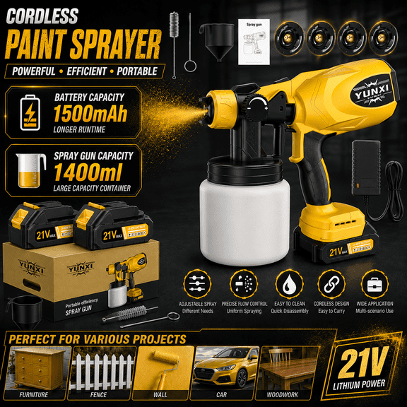 Paint Sprayer, 650W Cordless Paint Gun with 2 1500mAh Batteries & 1400ML Container, Easy to Clean & Operate, Electric Paint Sprayer for House Painting,