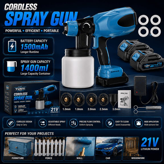 Paint Sprayer, 650W Cordless Paint Gun with 2 1500mAh Batteries & 1400ML Container, Easy to Clean & Operate, Electric Paint Sprayer for House Painting