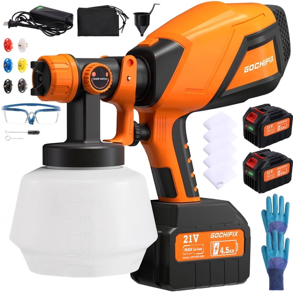 Cordless Paint Sprayer, Gochifix HVLP Electric Spray Gun with Battery 2X 4500 mAh, 6 Nozzles, Adjustable Flow/Width Control, 1200ml Container,Orange