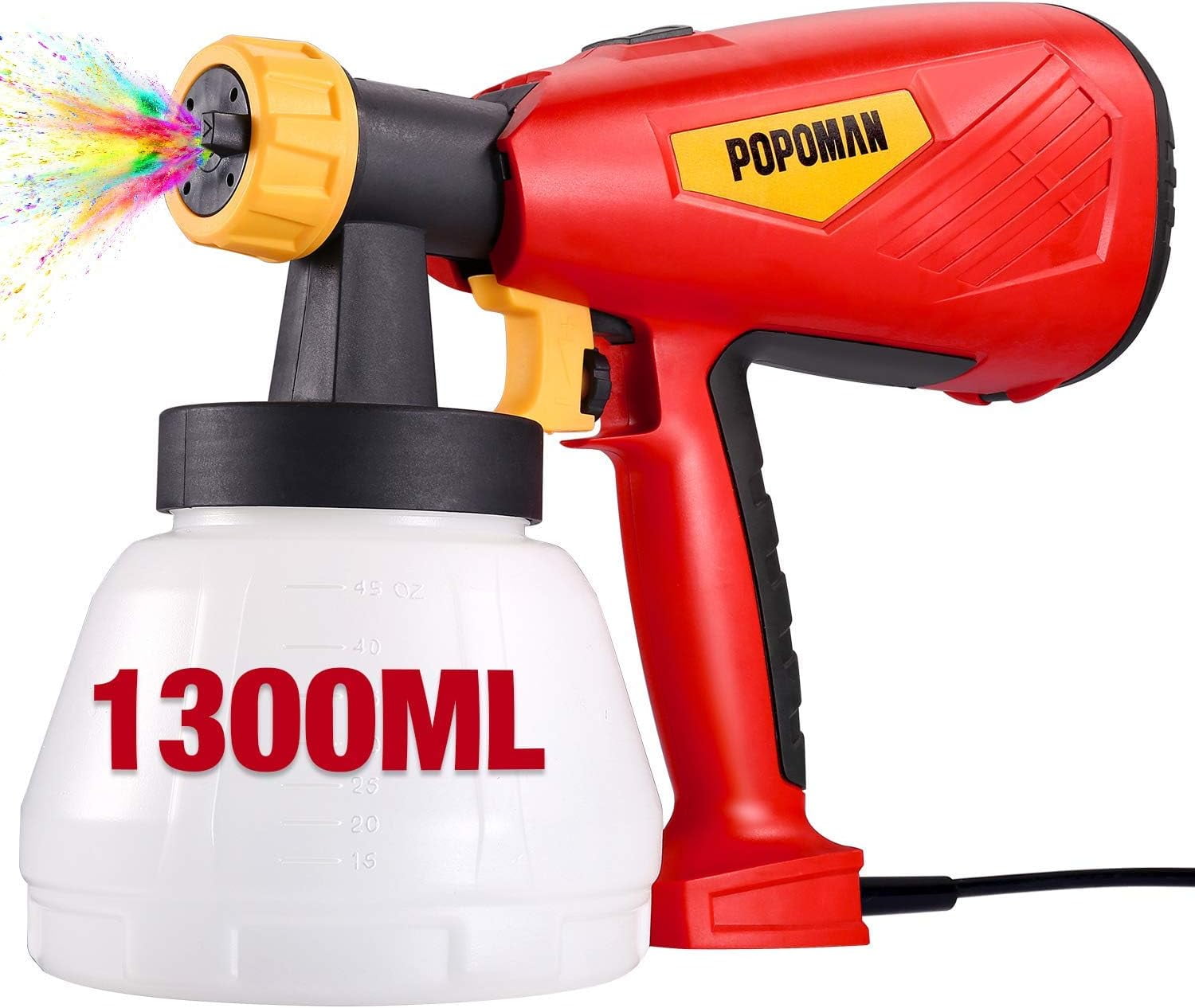 Paint Sprayer, POPOMAN 500 Watts Up to 100 DIN-s, 800ml/min HVLP Spray Gun with 1300ml Detachable Container, 4 Copper Nozzles & 3 Spray Patterns, Adjustable Volume Dial for Home Decoration