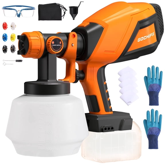 Cordless Paint Sprayer, Gochifix HVLP Electric Spray Gun Compatible with Mwk Battery(Not Included), 6 Nozzles, Adjustable Flow/Width Control, 1200ml Container,Orange
