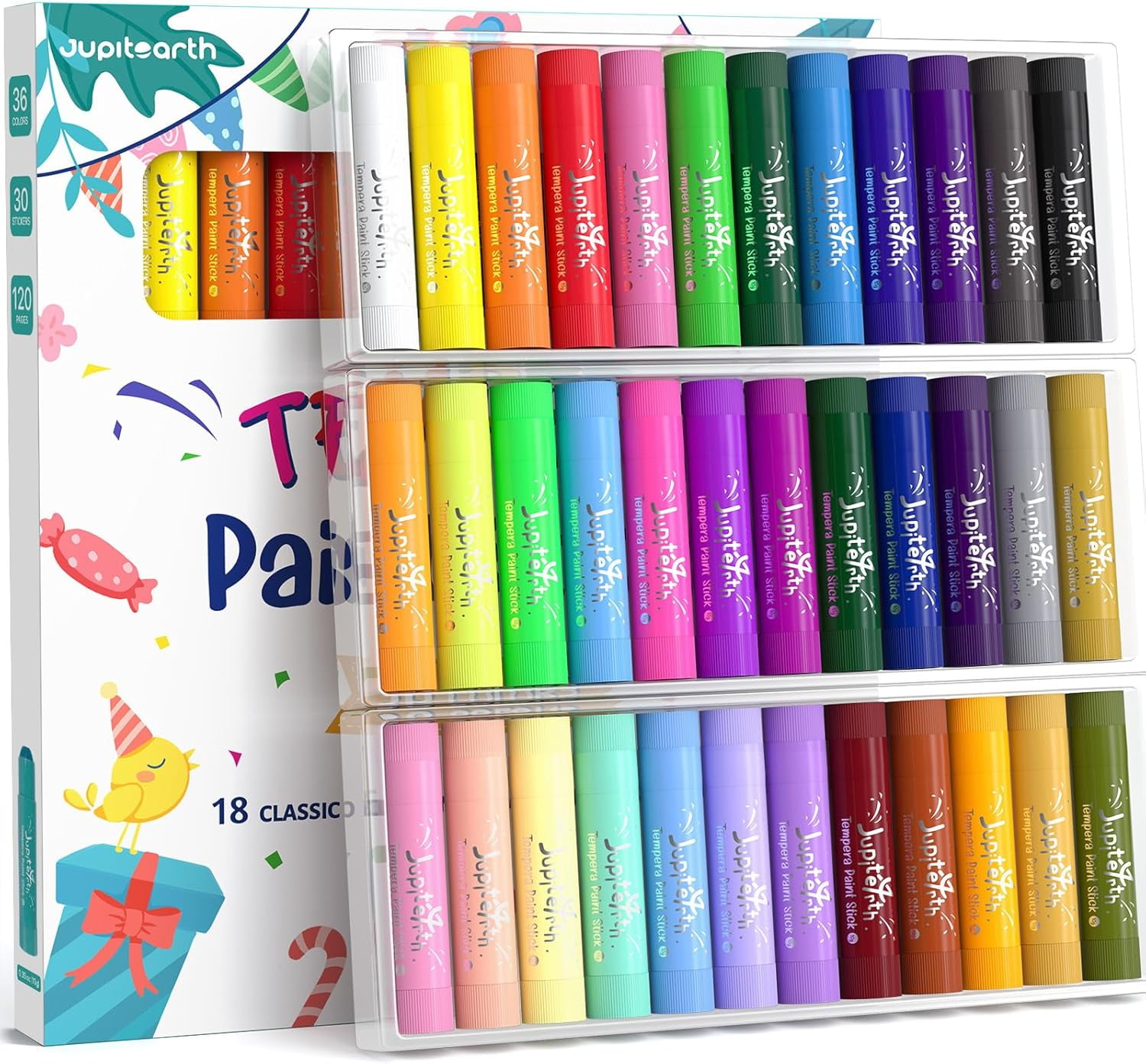 Paint Sticks for Kids 36 Colors, Quick Drying, Smooth, Non-Toxic and Washable Solid Tempera with 120 PDF Coloring Pages 30 Stickers, Toddler Art Supplies Drawing