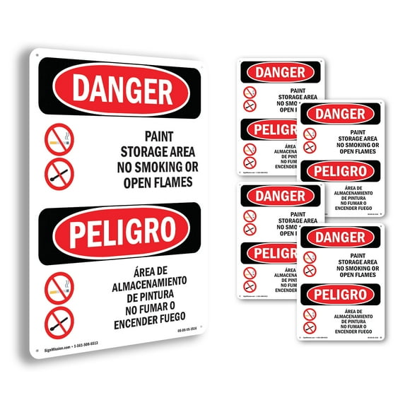 Paint Storage No Smoking Flames Bilingual OSHA Danger Rigid Plastic Sign 18 Inch x 12 Inch - 5 Pack