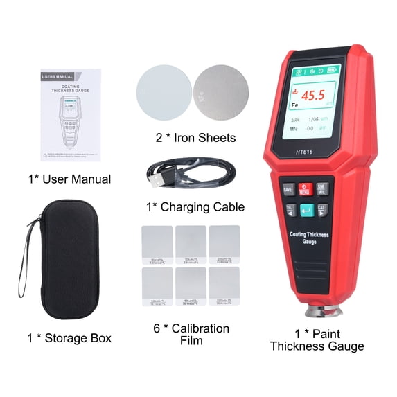 Paint Thickness Gauge Coating Thickness Gauge High Sensitivity Probe 2.0-inch TFT Color Display 256 Data Stores Beeping Sound Alarm-4-Direction Rotating Screen