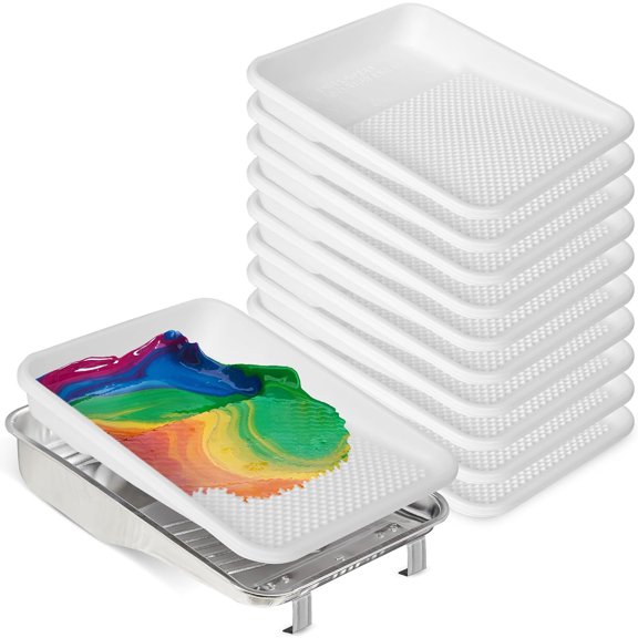 Paint Tray and Liner Set, Set Includes 9" Reusable Metal Pans Tray & 10 Pack of 9" White Plastic Paint Liners, Paint Roller Trays, Set for Household or Construction Use