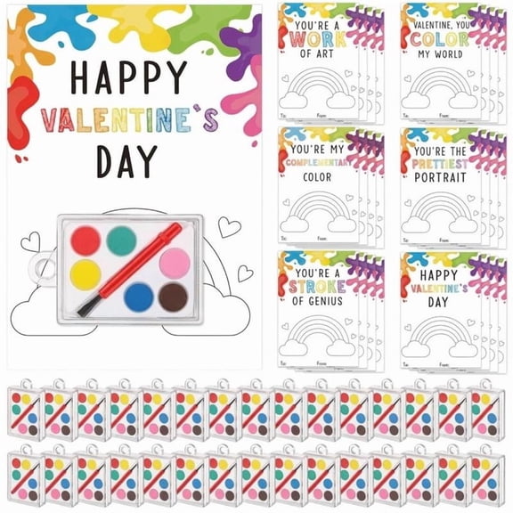 Paint-Your-Own Valentine's Day Cards Kit, 24 Cards with Mini Watercolor Set for Kids, Classroom Craft Activity and Creative Gift
