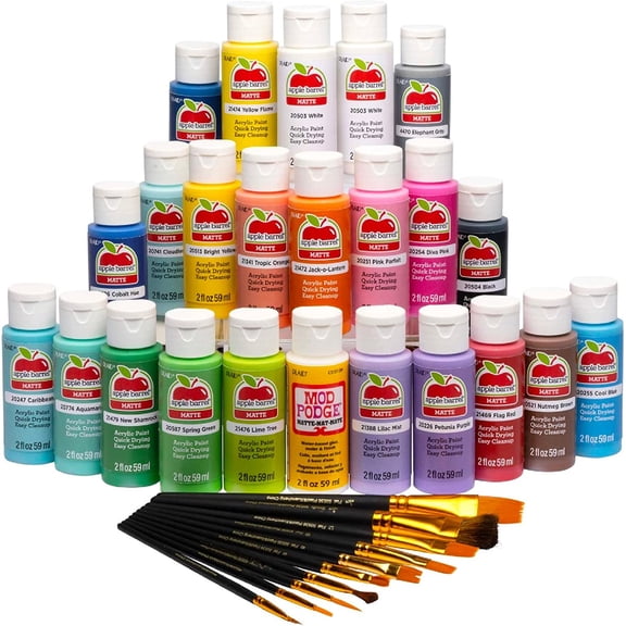 Paint and Brush Set 34 Piece Including 23 Bottles 2 Fl Oz Acrylic Paint 1 Bottle 2 Fl Oz Matte Medium 10 Brushes 6 Video Lessons