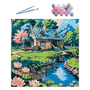 Paint by Numbers Kit for Adults - 7.9 x 7.9 Inch Acrylic Painting, Countryside Cottage Lake Scene for Beginners, Relaxing DIY Craft Home Decor