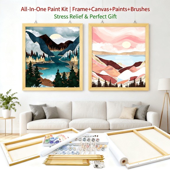 Paint by Numbers Kit for Adults Beginners,12" Wx16 L 2 Pack Canvas for Painting Kits for Adults in Colorful Box-Sunset Lake Mountains 1112-DIY Frame