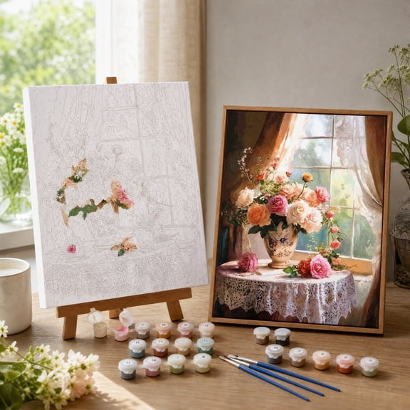 Paint by Numbers Kit for Adults, Framed Canvas Painting Kit With Acrylic Paints and Brushes, DIY Wall Art Home Decor, 11.81 x 15.75 inch