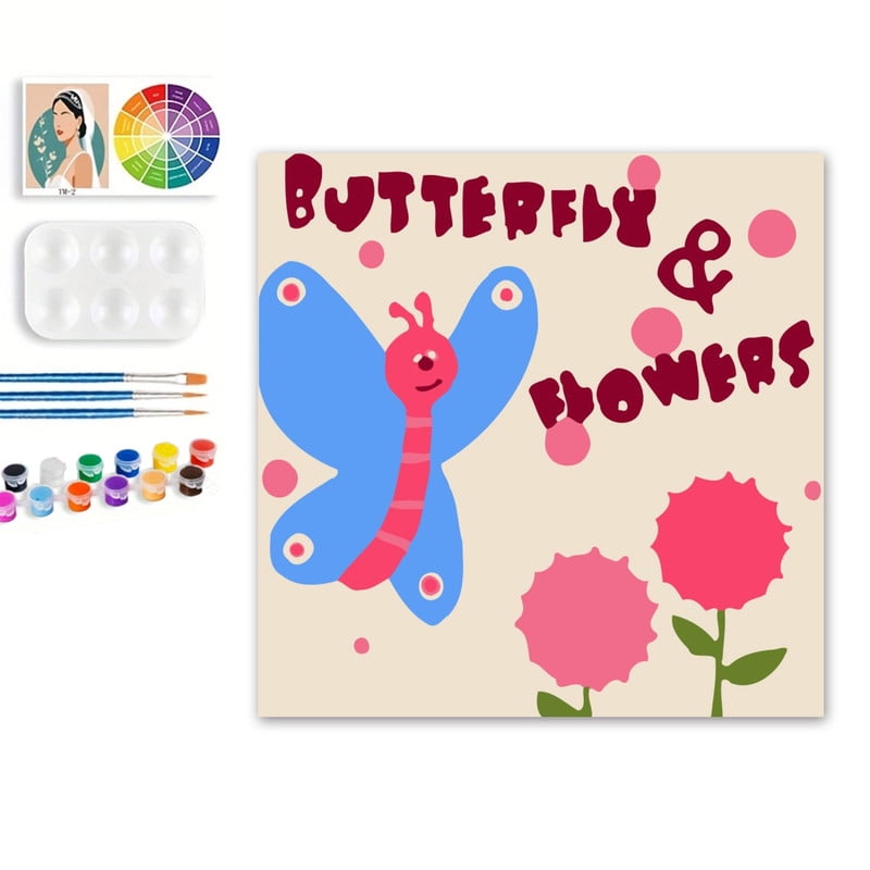 Paint by Numbers Set for Adult Beginners, 8x8 Inch DIY Oil Paint by Numbers for Kids with Frame for Home Decoration (Cartoon Butterfly)