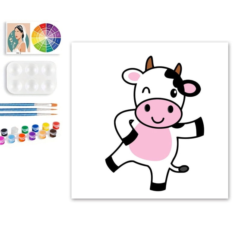 Paint by Numbers Set for Adult Beginners, 8x8 Inch DIY Oil Paint by Numbers for Kids with Frame for Home Decoration (Cartoon Cow)