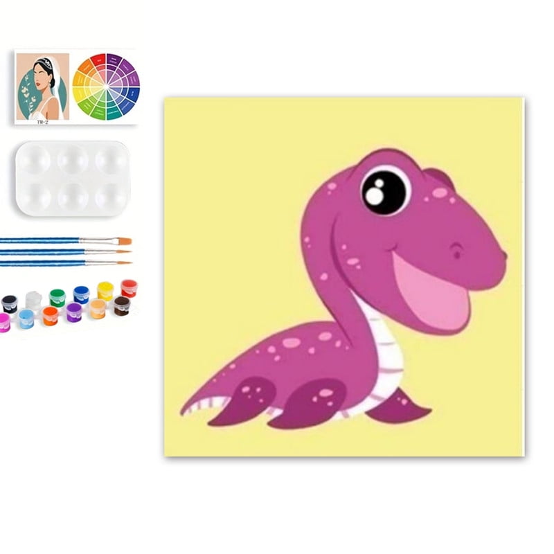 Paint by Numbers Set for Adult Beginners, 8x8 Inch DIY Oil Paint by Numbers for Kids with Frame for Home Decoration (Cartoon Dinosaur)