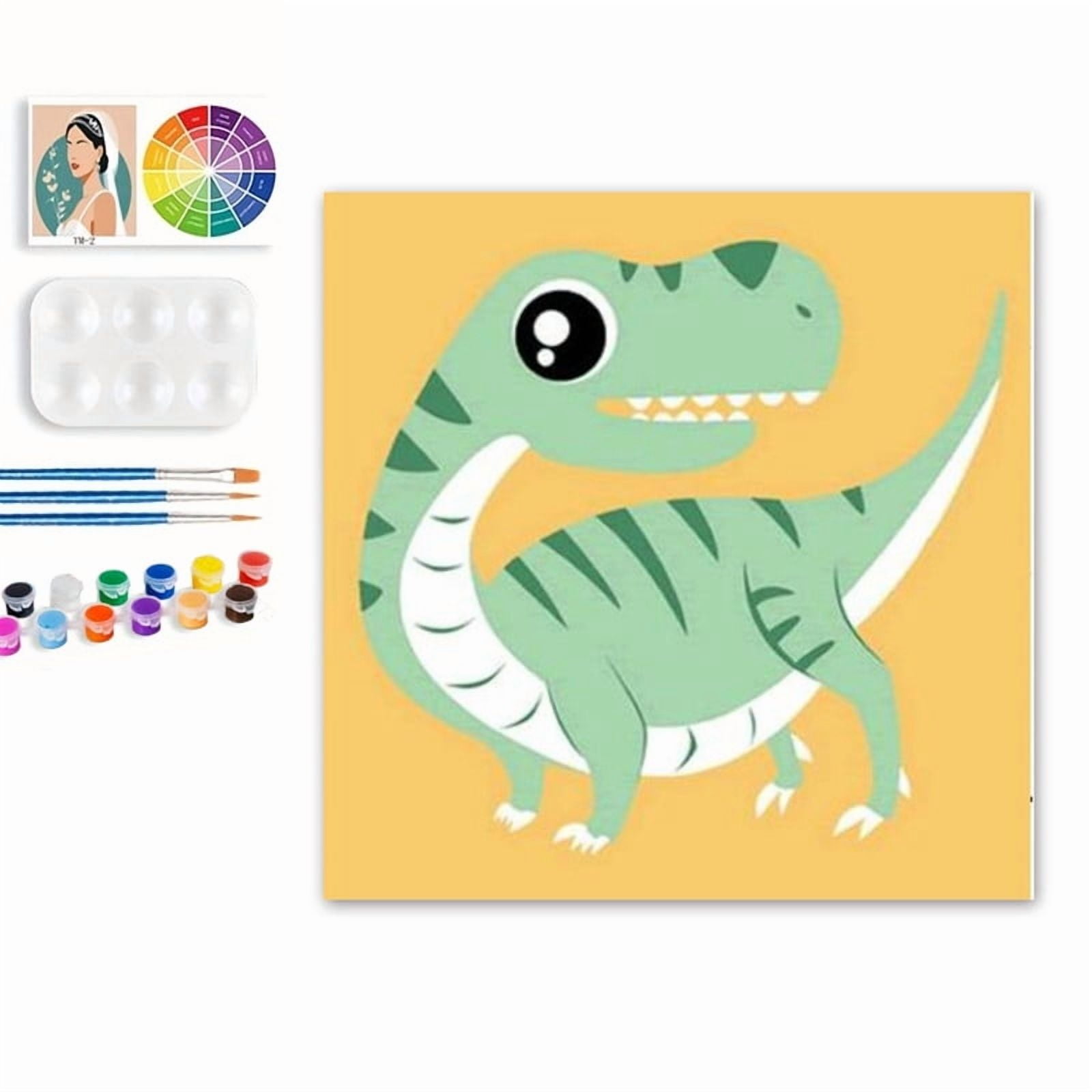 Paint by Numbers Set for Adult Beginners, 8x8 Inch DIY Oil Paint by Numbers for Kids with Frame for Home Decoration (Cartoon Dinosaur)