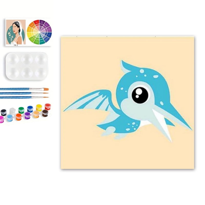 Paint by Numbers Set for Adult Beginners, 8x8 Inch DIY Oil Paint by Numbers for Kids with Frame for Home Decoration (Cartoon Dinosaur)