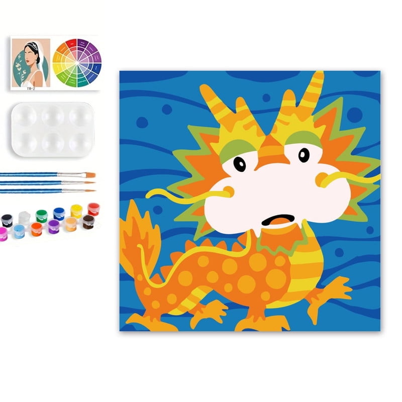 Paint by Numbers Set for Adult Beginners, 8x8 Inch DIY Oil Paint by Numbers for Kids with Frame for Home Decoration (Cartoon Dragon)