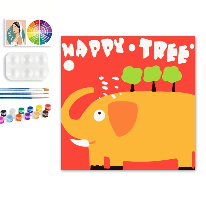 Paint by Numbers Set for Adult Beginners, 8x8 Inch DIY Oil Paint by Numbers for Kids with Frame for Home Decoration (Cartoon Elephant)