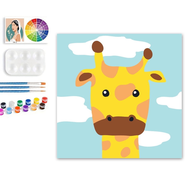 Paint by Numbers Set for Adult Beginners, 8x8 Inch DIY Oil Paint by Numbers for Kids with Frame for Home Decoration (Cartoon Giraffe)