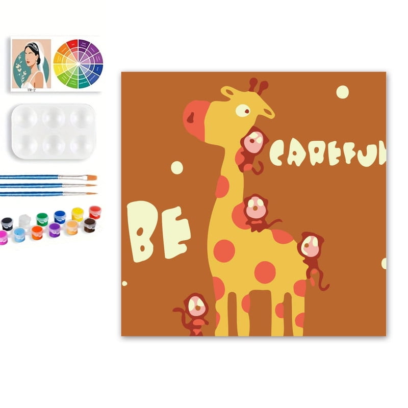 Paint by Numbers Set for Adult Beginners, 8x8 Inch DIY Oil Paint by Numbers for Kids with Frame for Home Decoration (Cartoon Giraffe)