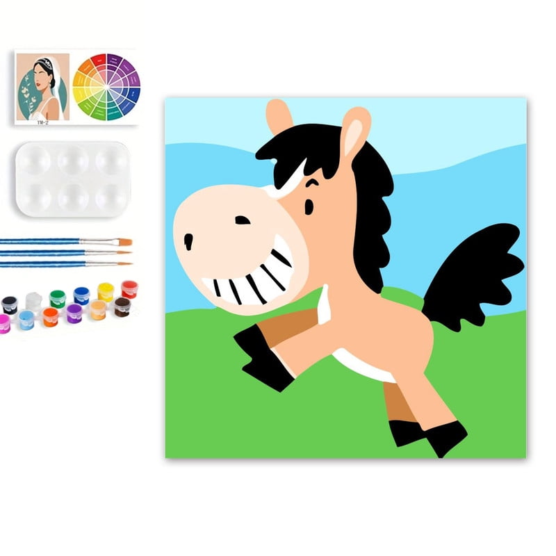 Paint by Numbers Set for Adult Beginners, 8x8 Inch DIY Oil Paint by Numbers for Kids with Frame for Home Decoration (Cartoon Horse)