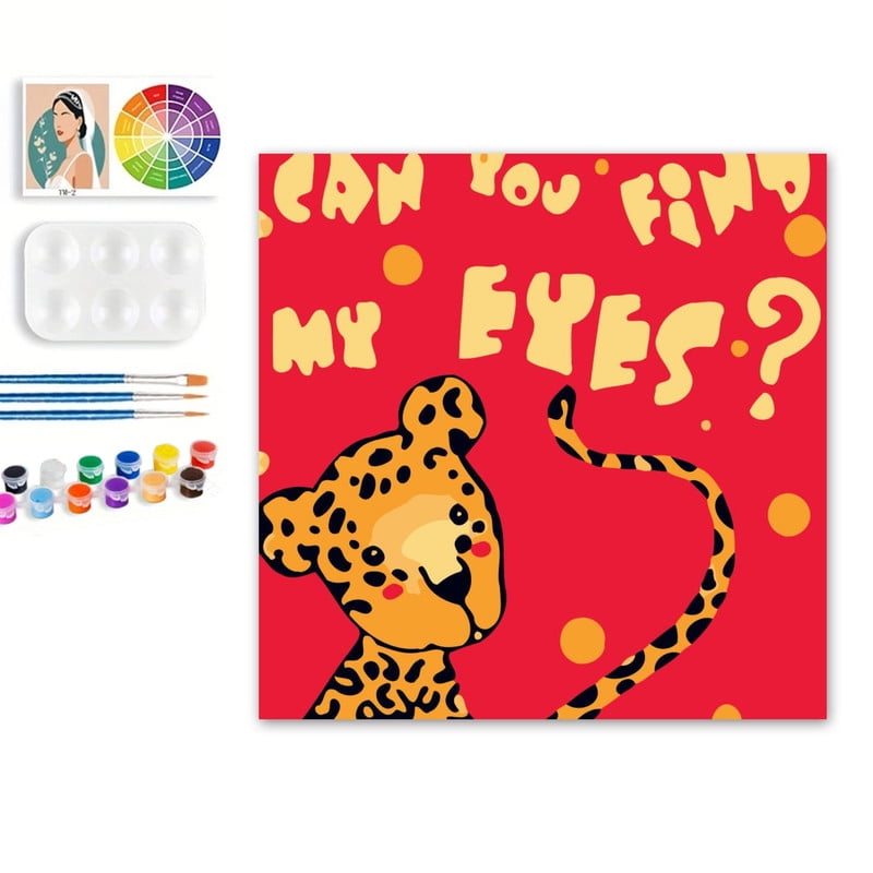 Paint by Numbers Set for Adult Beginners, 8x8 Inch DIY Oil Paint by Numbers for Kids with Frame for Home Decoration (Cartoon Leopard)