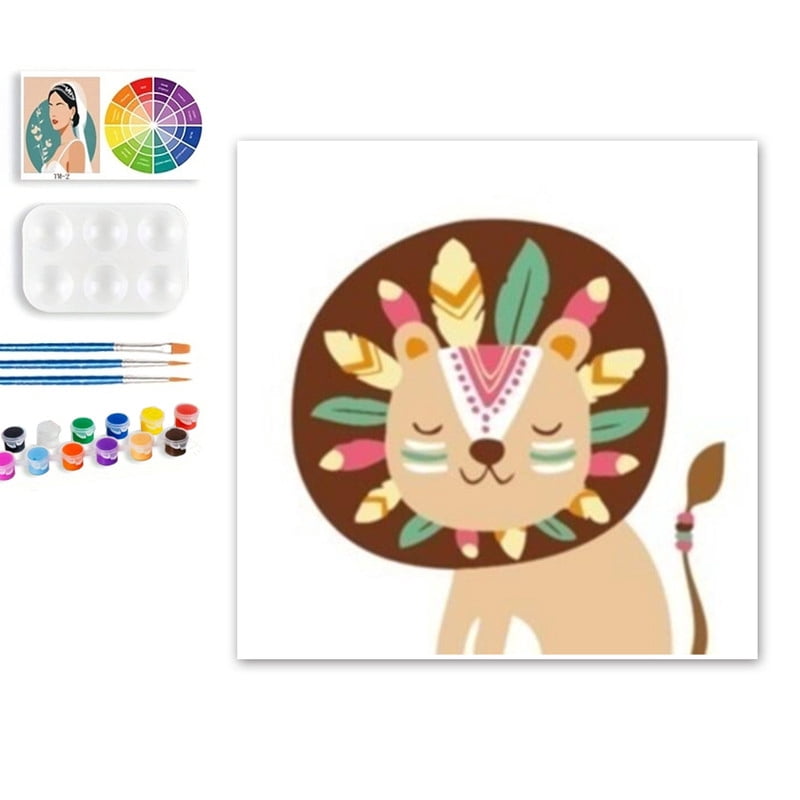Paint by Numbers Set for Adult Beginners, 8x8 Inch DIY Oil Paint by Numbers for Kids with Frame for Home Decoration (Cartoon Lion)