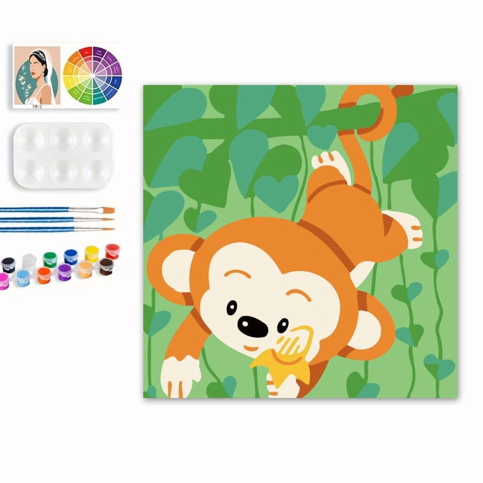 Paint by Numbers Set for Adult Beginners, 8x8 Inch DIY Oil Paint by Numbers for Kids with Frame for Home Decoration (Cartoon Monkey)