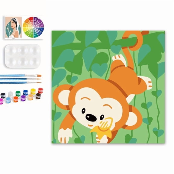 Paint by Numbers Set for Adult Beginners, 8x8 Inch DIY Oil Paint by Numbers for Kids with Frame for Home Decoration (Cartoon Monkey)