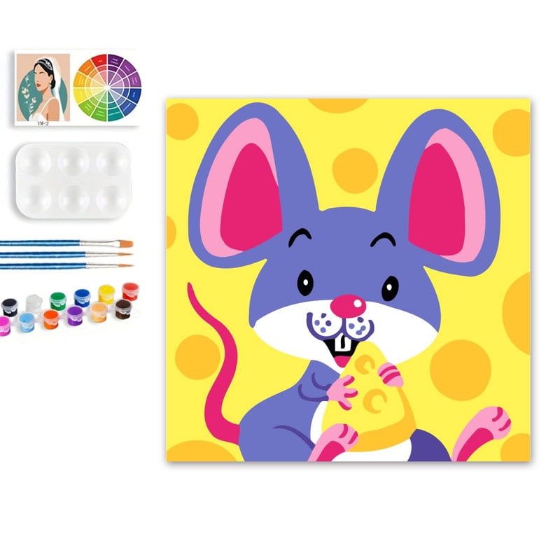 Paint by Numbers Set for Adult Beginners, 8x8 Inch DIY Oil Paint by Numbers for Kids with Frame for Home Decoration (Cartoon Mouse)
