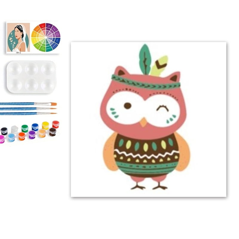 Paint by Numbers Set for Adult Beginners, 8x8 Inch DIY Oil Paint by Numbers for Kids with Frame for Home Decoration (Cartoon Owl)